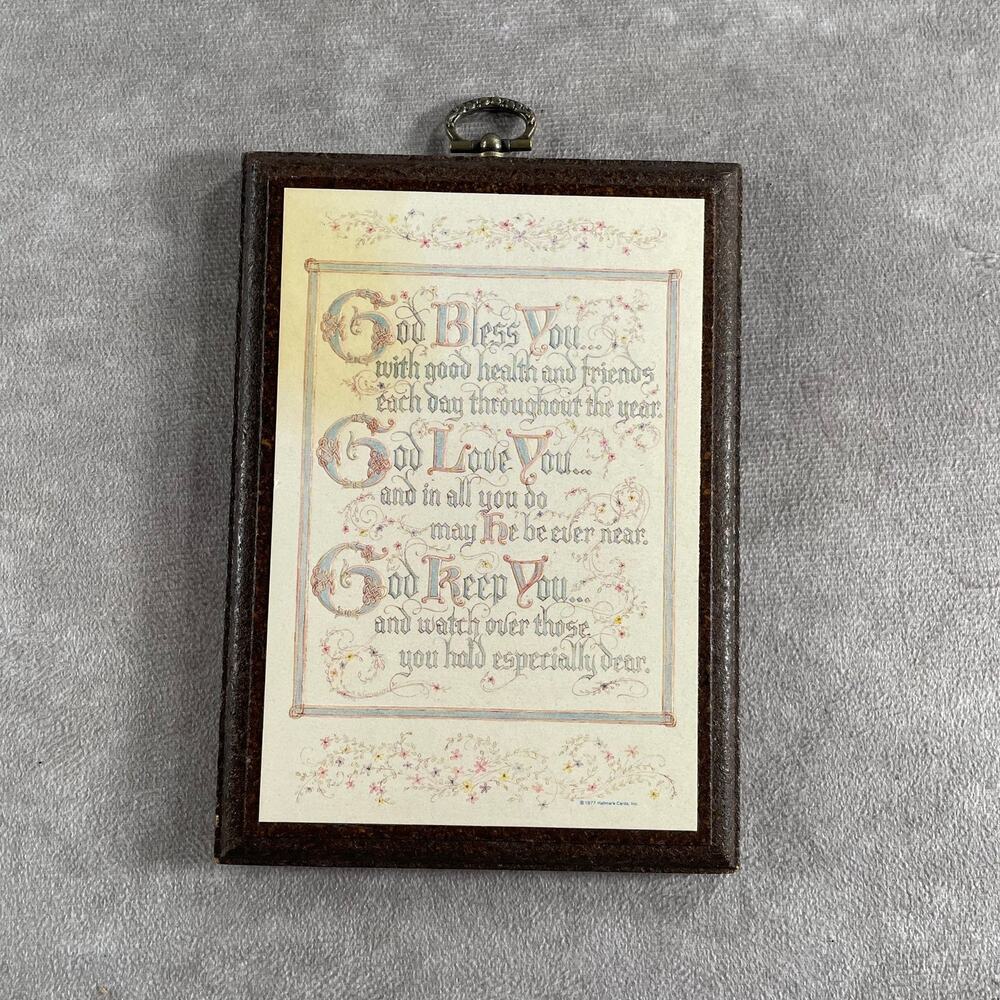 1977 MCM Hallmark Plaque Wall Hanging God Bless You Prayer Calligraphy Frame